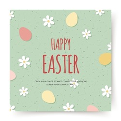 Happy Easter banner, greeting card, poster, holiday cover, social media post. Vector square background with flowers, eggs in pastel colors