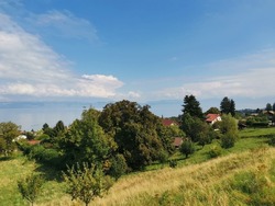 Panoramic view of Lake Geneva, lac leman in france evian