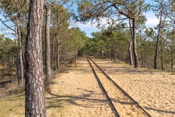Empty narrow-gauge railway taken on sunny winter day in Saint-Trojan-les-Bains, Oleron Island, Charente, France