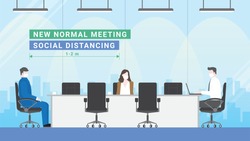 Business meeting lifestyle after pandemic covid-19 corona virus. New normal is social distancing and wearing mask. People keeping distance in office conference room. Flat design style vector concept.