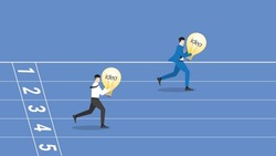 Business idea competition, contest,  rivalry, compare performance concept. A leader businessman, boss, CEO, a manager and employee are compete run with light bulb on a race track for victory position.