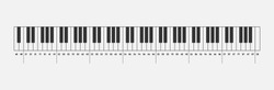 Music notes piano keyboard 88 keys isolated on white background. Solfeggio. Vector illustration.