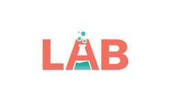 Lab logo in word mark style forms a negative space of chemical bottles in letter A