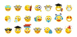 Vector set of emoji for school and education. Round yellow emoticons with different emotions, back to school. A student with a book, a schoolboy with a backpack, a nerd with glasses. Flat cartoon
