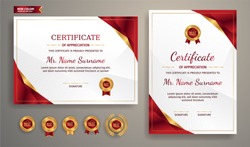 Certificate of appreciation template, gold and red color. Clean modern certificate with gold badge. Certificate border template with luxury and modern line pattern. Diploma vector template