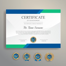 Appreciation certificate in blue and green color with gold badge and border vector template