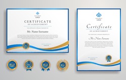Blue and gold certificate of achievement template with badge and border vector for award, business, and education needs