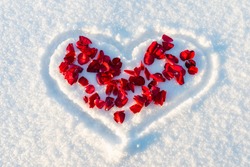 Red rose petals and heart in snow as symbol for love.Top view.Valentines day concept.