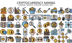 Cryptocurrency mining lineal multi color icon set. bitcoin, ethereum, fintech pictograms for web and mobile app GUI. Blockchain technology simple UI, UX vector icons, EPS 10 ready convert to SVG