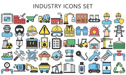 Industry lineal multi color icons set. energy, construction, production, manufacturing, power station, mine, warehouse and more. for modern UI or UX kit, and app. vector EPS 10 ready convert to SVG.