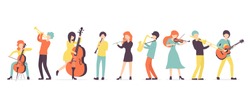 Big flat vector set group of musicians, playing clarinet, saxophone, trumpet, flute, trombone, violin, contrabass, cello and guitar instruments.