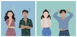 illustration set of young millennial people acting surprise and confuse. suspecting couple with question mark. shocking male and female with exclamation mark. flat vector set.
