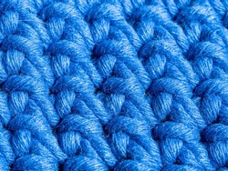 Close up of half double crochets blue textile. Basic crotchet stiches. Can be used as a background.