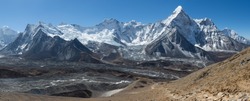 Panorama of a mountain range including one of the most beautiful mountains in the world 'Ama Dablam'  in the Himalayas, Nepal.