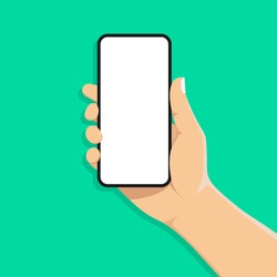 mobile phone in man’s hand. Hand holds smartphone. Blank white screen. Touch finger. Modern flat design. Vector illustration with shadow. Isolated on green background.10 eps.