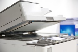 Copier printer, Close up the photocopier or photocopy machine office equipment workplace for scanner or scanning document and printing or copy paper duplicate and Xerox.