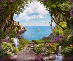 Beautiful forest with flowers, waterfalls and access to the sea.  Digital collage, mural and mural. Wallpaper. Poster design. Modular panel. 3d render