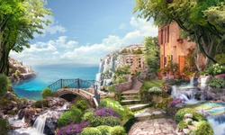 Beautiful collage with access to the sea, the ancient houses of Italy, flowers and waterfalls. Digital collage , mural and fresco. Wallpaper. Poster design. Modular panno. 3d render
