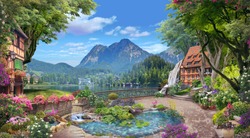 Beautiful views of the lake and mountains from the blooming garden.  Digital collage , mural and fresco. Wallpaper. Poster design. Modular panno. 3d render