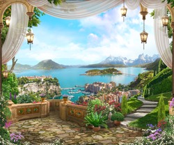 View from the balcony on the coast of Italy with white curtains, lanterns and a beautiful garden. Digital fresco. Wallpaper. 3d render