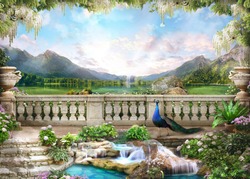 Beautiful view from the flower-covered balcony to the mountain lake and pink sunrise. Digital collage , mural and fresco. Wallpaper. Poster design. 3d render