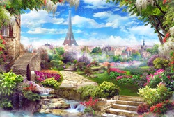 Beautiful view of the Eiffel Tower with access to the garden, with old houses, flowers and waterfalls. Digital collage, mural and mural. Wallpaper. Poster design. Modular panel. 