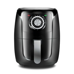 Analog Hot Air Fryer Isolated. Black Plastic Stainless Steel 1500 Watts Electric Deep Fryer front View. Modern Domestic Small Kitchen Appliances. Convection Oven 5-Qt Quart Oilless Cooker