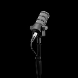 Podcast microphone on a tripod, a black metal dynamic microphone on an isolated black background, for recording podcast or radio program, show, sound and audio equipment, technology, product photo, dj