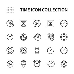 Time and clock vector linear icons set. Time management. Timer, recovery, speed, alarm, calendar,  time management and more. Isolated collection of time for web sites icon on white background.