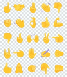 Hand gesture emojis icons collection. Set of different emoticon hands isolated on transparent background vector illustration.
