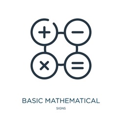basic mathematical symbols thin line icon. math, calculation linear icons from signs concept isolated outline sign. Vector illustration symbol element for web design and apps.