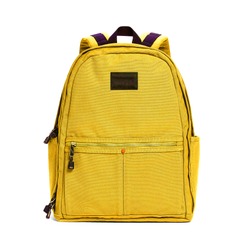 Backpack Isolated on White Background. Yellow Travel Daypack with Zippered Compartment. Satchel Rucksack. Canvas School Backpack. Bag Front View with Shoulder Straps