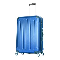 Blue Hardside Carry On Spinner Isolated on White Background. Zipperless Hand Luggage Bag. Vip Trolley Bag. Trolley Travel Bag. Spinner Trunk. Wheeled Luggage. Side View Modern Suitcase