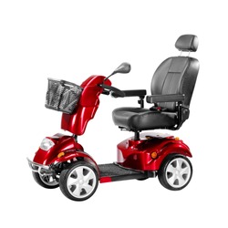 Red Scooter with Front Basket Isolated on White Background. Modern Mobility Aid Vehicle. Personal Transport Side View. Electric Wheelchair with Step Through Frame and 4-Wheel Suspension