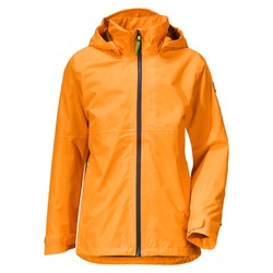 Orange Stylish Rain Jacket Isolated on White Background. Waterproof Coat with Detachable Hood & Adjusted Cuffs Front View. Warm Outwear Cotton Windproof Fabric. Best Outdoor Clothing for Hiking Travel