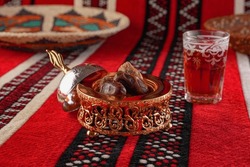 Iconic Arabian fabric is graced with symbols of Arabia, in particular Arabic tea and dates, they symbolise Arabian hospitality, ramadan set Traditional Arabic tea,