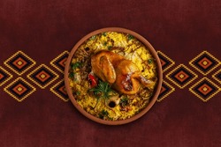 Chicken Mandy top view The national Saudi Arabian dish chicken kabsa with rice mandi, arab cuisine.                        