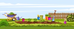Summer gardening banner with wheelbarrow, pots, fence, blooming bushes, shovel, watering can and flowers. Backyard concept with garden equipment in cartoon style. Illustration with seedlings on ridge 