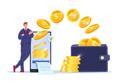 Mobile money transfer, digital online payment vector concept with man, smartphone screen, wallet, flying coins.Secure internet transaction finance business illustration. Money transfer isolated design