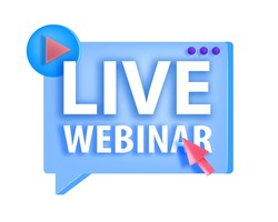Online webinar, digital lecture, training vector icon, logo concept with play button, arrow,isolated. Web conference, digital education, video course tutorial sticker. Online webinar, internet meeting