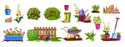 Spring garden equipment nature vector icon set with bloom bushes, flowerpots, fence, seedling, stone. Summer agriculture rural backyard objects cartoon isolated collection. Garden backyard elements