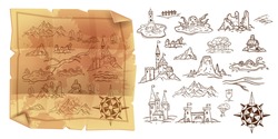 Old game map, vector vintage parchment illustration, travel doodle cartography object set, wind rose. Fantasy kingdom, castle, mountains, ruin sketch kit. Grunge parchment piece, ancient old map 