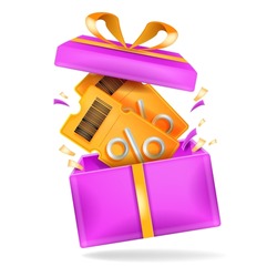 3D discount coupon illustration, vector event ticket icon badge, gift box, special voucher concept. Holiday sale, lucky win surprise, benefit reward program offer, online shopping bonus. 3D coupon