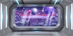 Space ship interior, purple planet, vector spacecraft window view, shuttle cockpit galaxy background. Alien rocket room, night sky, stars, game sci-fi futuristic 3D wallpaper. Space ship metal hallway