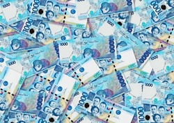 Background of 1000 Piso banknote,Group of money stack of 1000 Philippine Switzerland banknote a lot of the background texture, top view