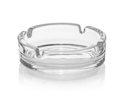 Transparent glass ashtray isolated on white background. Ware for bar, restaurant, pub, cafe.