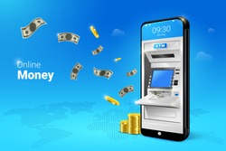 Phone with a mobile interface of the online payment, ATM, money transfers, financial transactions and digital financial services. falling Money on the Mobile ATM illustration.