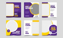 Set of Editable square banner template. purple and yellow background color with stripe line shape. Suitable for social media post, instagram, facebook and web internet ads. Vector illustration