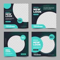 Set of Editable minimal square banner template. Black and green background color with stripe line shape. Suitable for social media post and web internet ads. Vector illustration with photo college