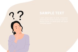 Cartoon people character design banner template question marks with young Asian woman in a thoughtful pose. Ideal for both print and web design.